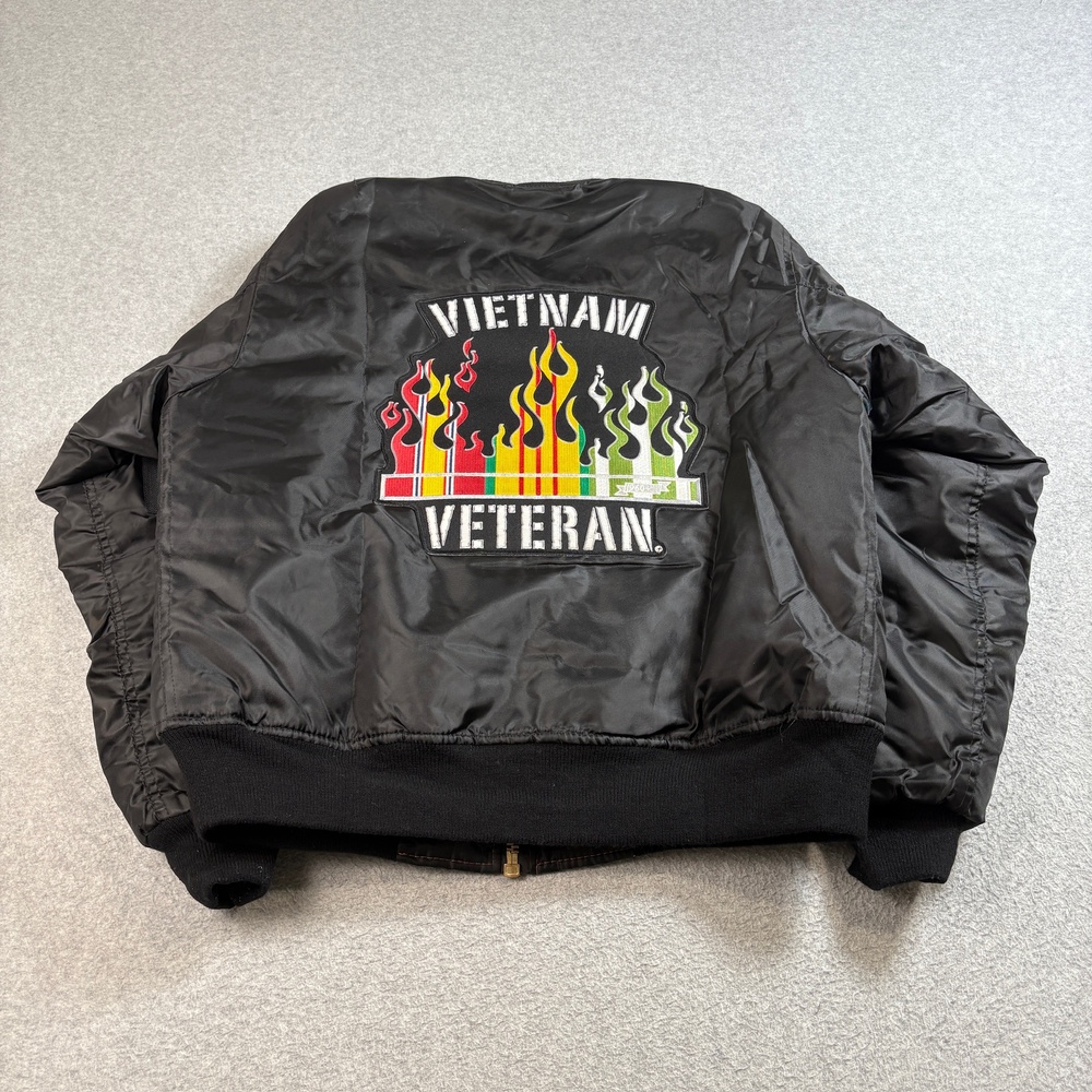 Vietnam Veteran Bomber Jacket Mens Large Black OK City Club Embroidered Military